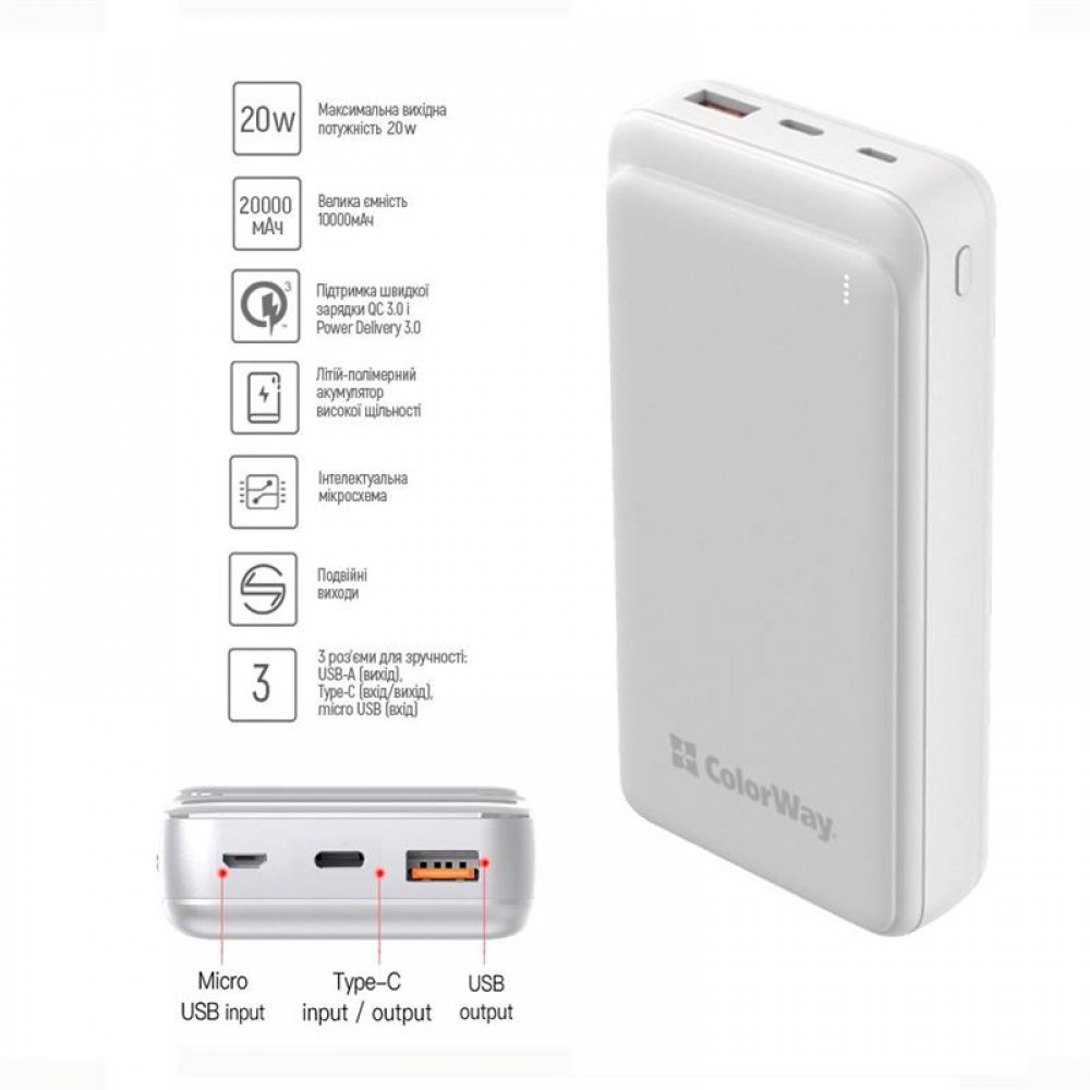 Power Bank ColorWay Slim 20000mAh White (CW-PB200LPG3WT-PD)