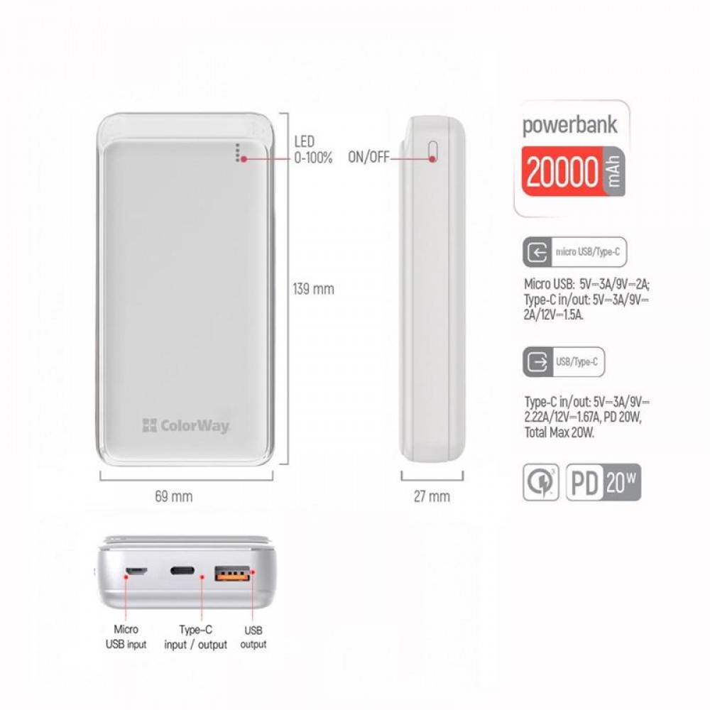 Power Bank ColorWay Slim 20000mAh White (CW-PB200LPG3WT-PD)