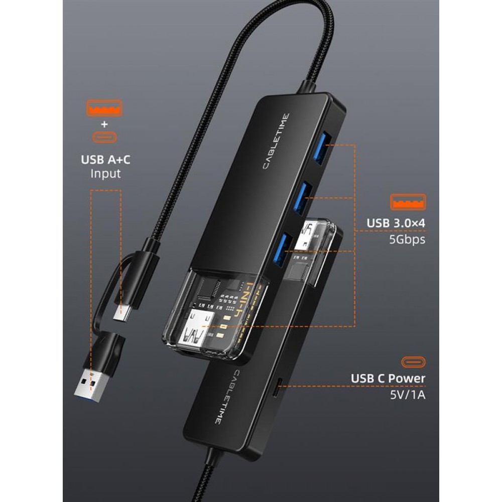 Концентратор Cabletime USB C/A – 4 Port USB 3.0, 5Gbps, 0.15 m (CB05B)