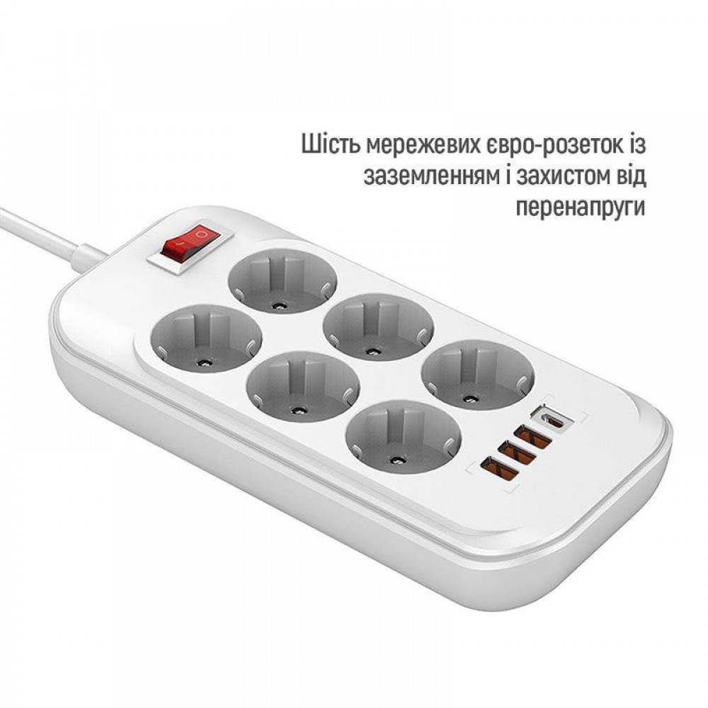 Фильтр питания ColorWay CW-CHE64PDW 6 розеток, 4USB (Type-C PD20W + 3USB QC3.0) (38W), 2м, White