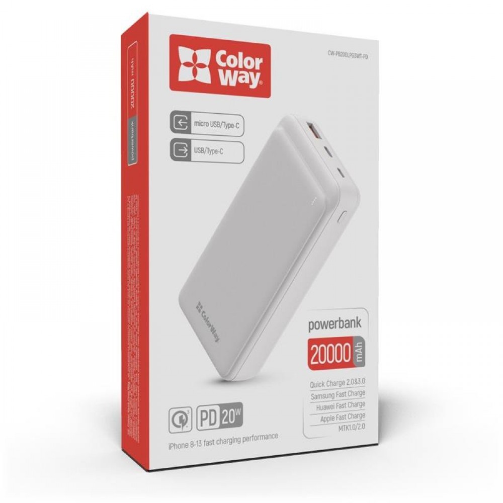 Power Bank ColorWay Slim 20000mAh White (CW-PB200LPG3WT-PD)