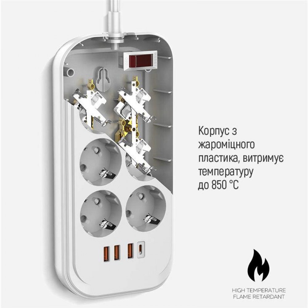 Фильтр питания ColorWay CW-CHE64PDW 6 розеток, 4USB (Type-C PD20W + 3USB QC3.0) (38W), 2м, White