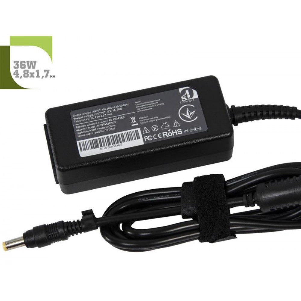 Адаптер питания 1StCharger для ноутбука Asus 12V 36W 3A 4.8х1.7мм + каб.живл. (AC1STAS36WD2)