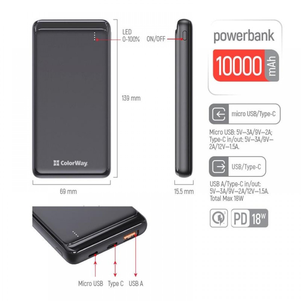 Power Bank ColorWay Slim PD 10000mAh Black (CW-PB100LPG3BK-PD)