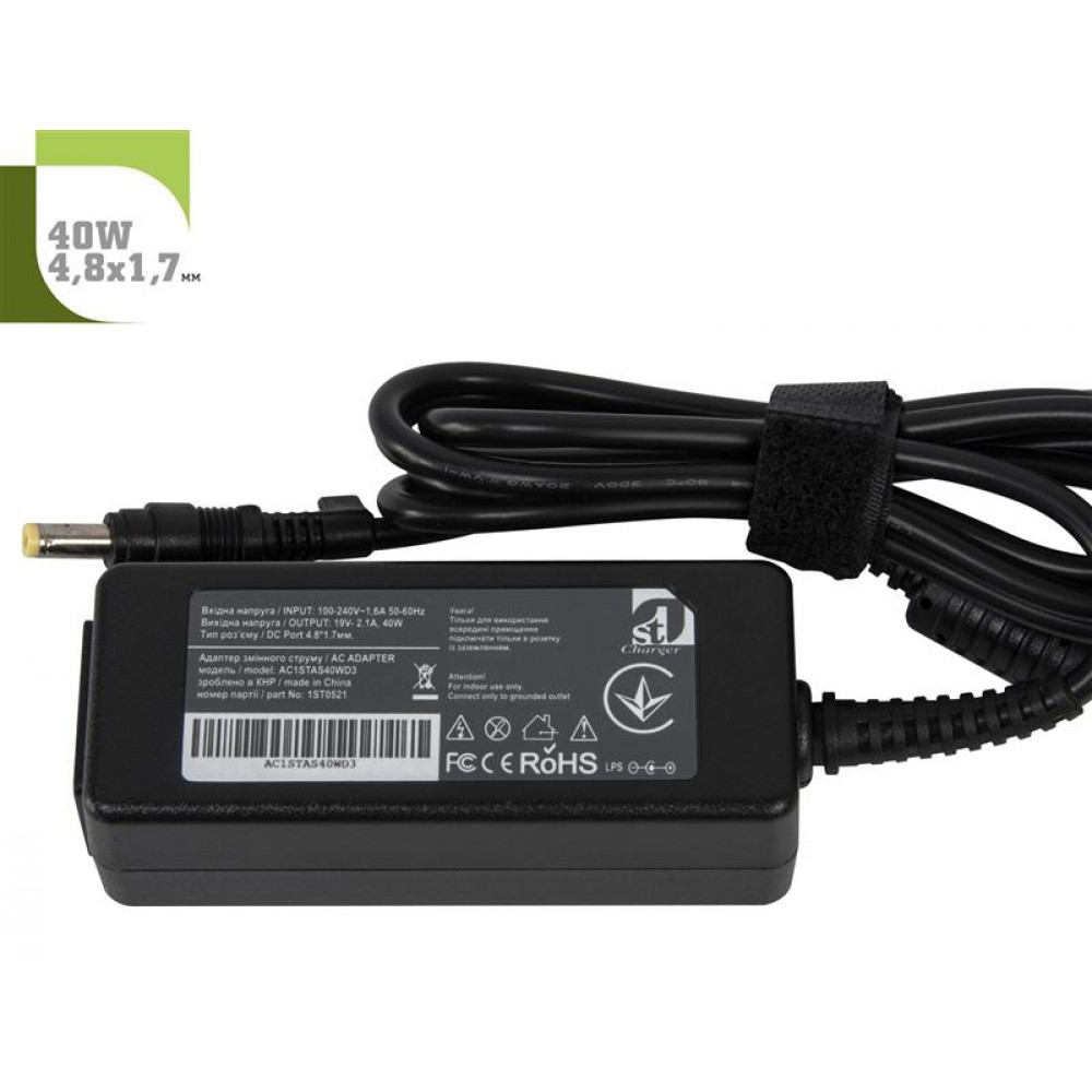 Адаптер питания 1StCharger для ноутбука Asus 19V 40W 2.1A 4.8х1.7мм + каб.живл. (AC1STAS40WD3)