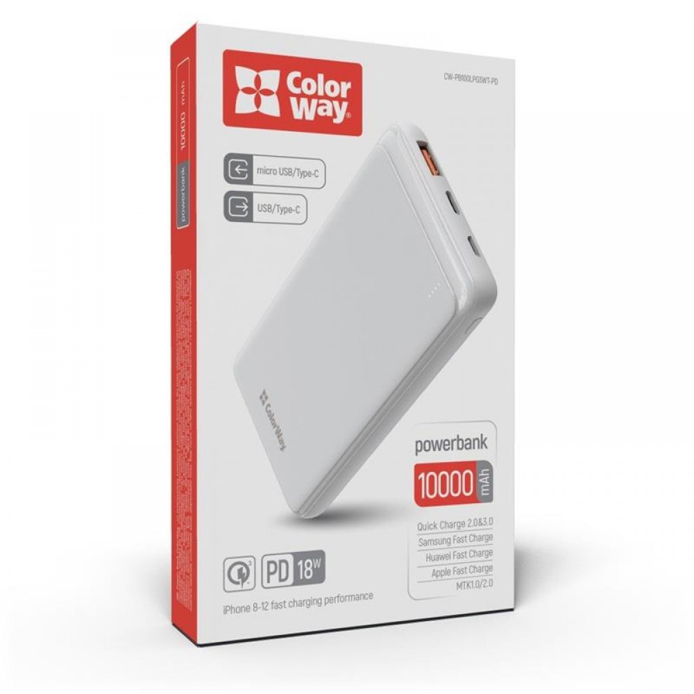 Power Bank ColorWay Slim PD 10000mAh White (CW-PB100LPG3WT-PD)