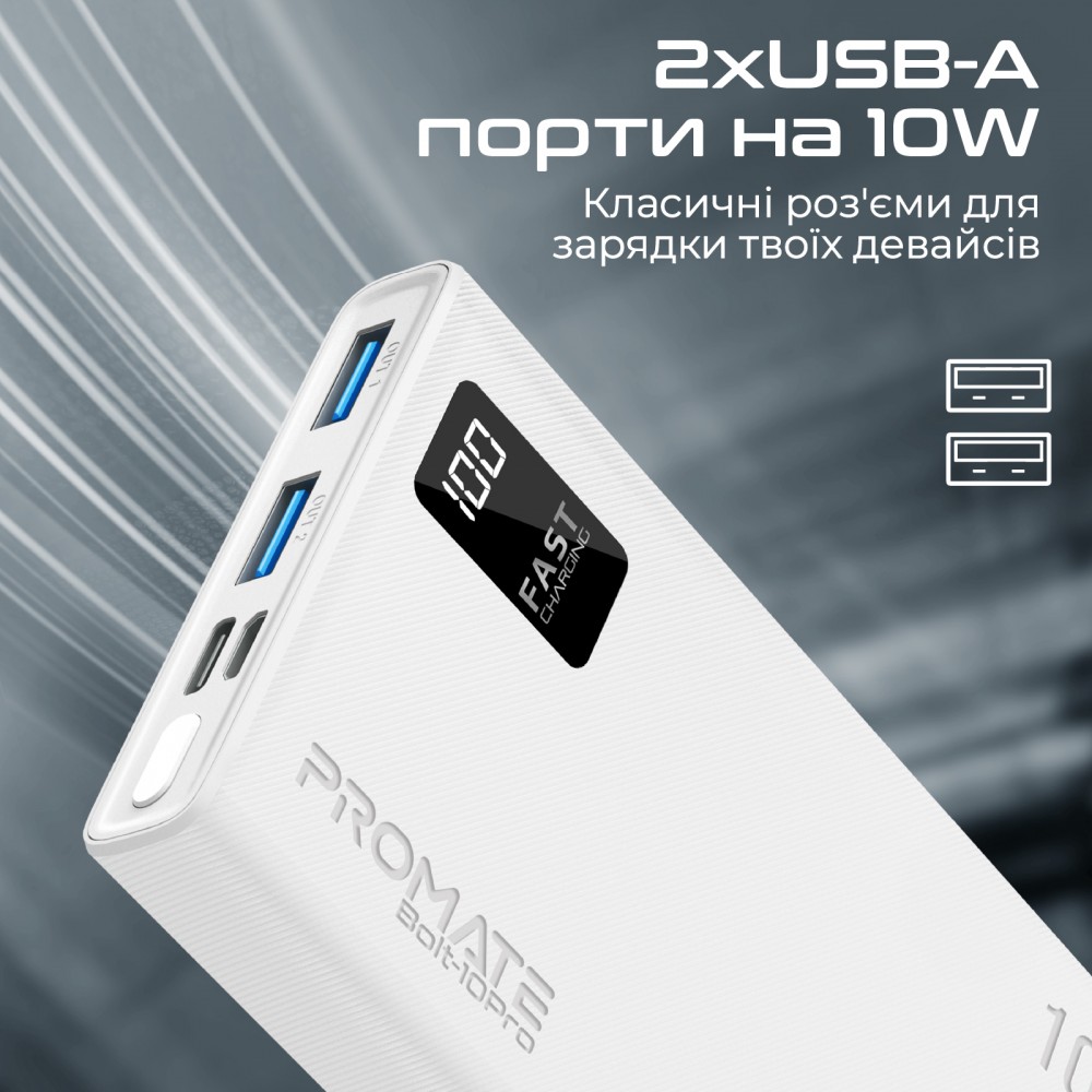 Универсальная мобильная батарея Promate Bolt-10Pro White 10000mAh