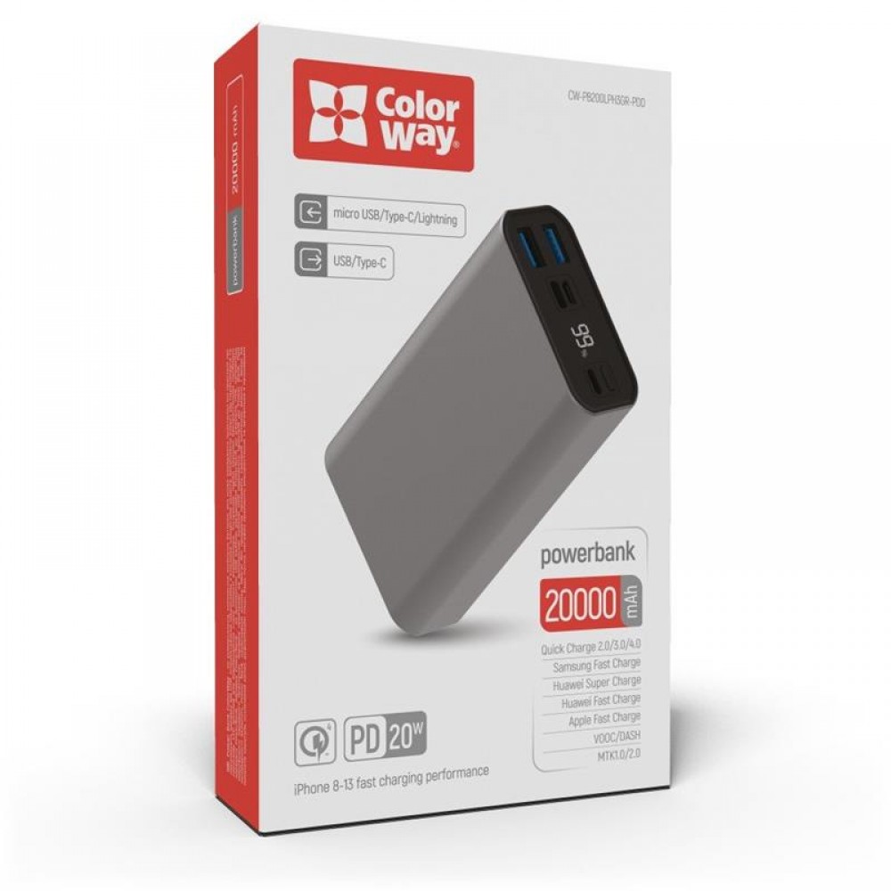 Power Bank ColorWay 20000mAh Gray (CW-PB200LPH3GR-PDD)