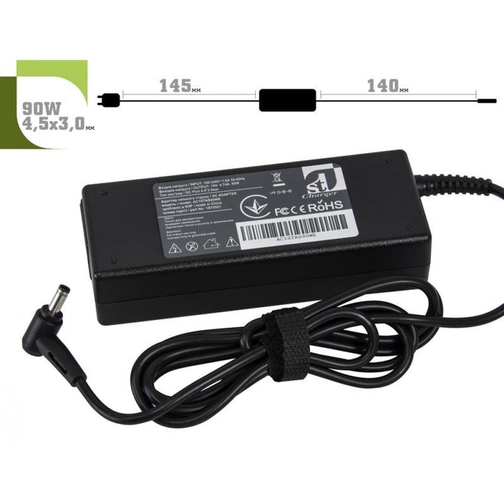 Адаптер питания 1StCharger для ноутбука Asus 19V 90W 4.74A 4.5х3.0мм + каб.живл. (AC1STAS90WE)