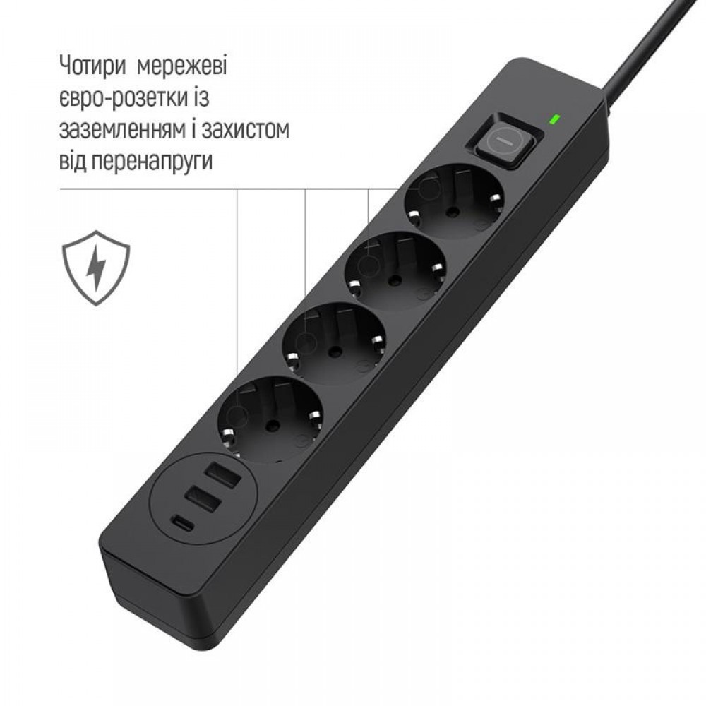 Фільтр живлення ColorWay CW-CHE432PDB 4 розетки, 3USB (2USB-A + 1 TYPE-C) (24W), 2м, Black