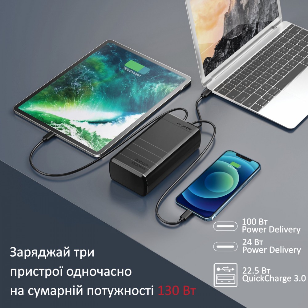 Универсальная мобильная батарея Promate PowerMine-130 Black 38000mAh