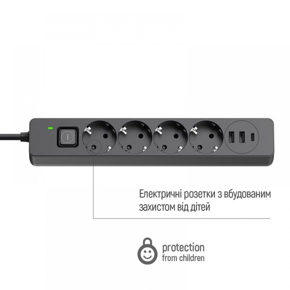 Фільтр живлення ColorWay CW-CHE432PDB 4 розетки, 3USB (2USB-A + 1 TYPE-C) (24W), 2м, Black