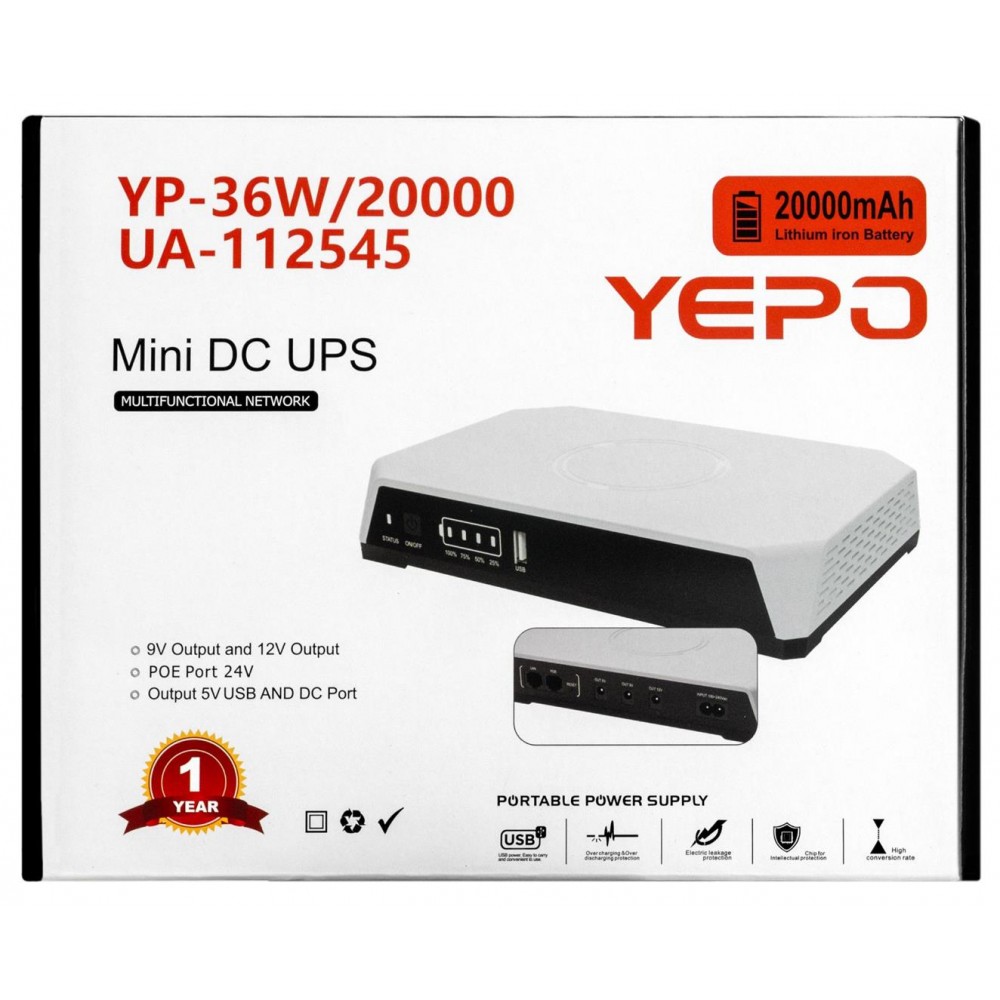 Источник бесперебойного питания Yepo Mini DC-UPS YP-36W/20000mAh LiFePO4 DC-5V/9V/12V (UA-112545)