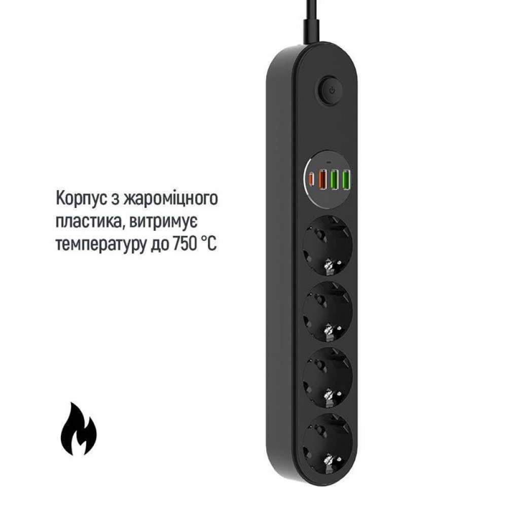 Фильтр питания ColorWay CW-CHE44PDB 4 розетки, 4USB (Type-C PD20W + 3USB QC3.0) (45W), 2м, Black