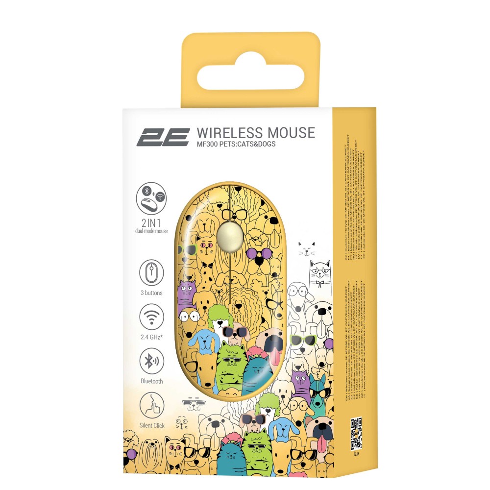 Мышь беспроводная 2E MF300 Pets Cats&Dogs Silent WL Yellow (2E-MF300WPETSYW)