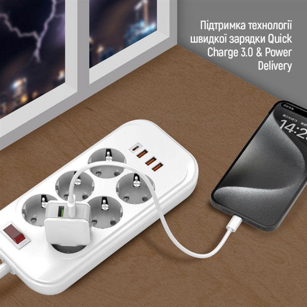 Фильтр питания ColorWay CW-CHE64PDW 6 розеток, 4USB (Type-C PD20W + 3USB QC3.0) (38W), 2м, White