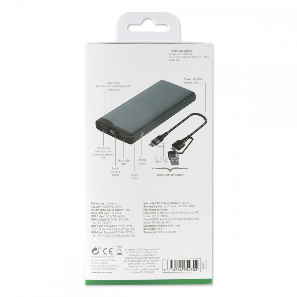 Power Bank 4smarts VoltHub Pro 10000mAh 22.5W with Quick Charge, PD gunmetal *Select Edition*