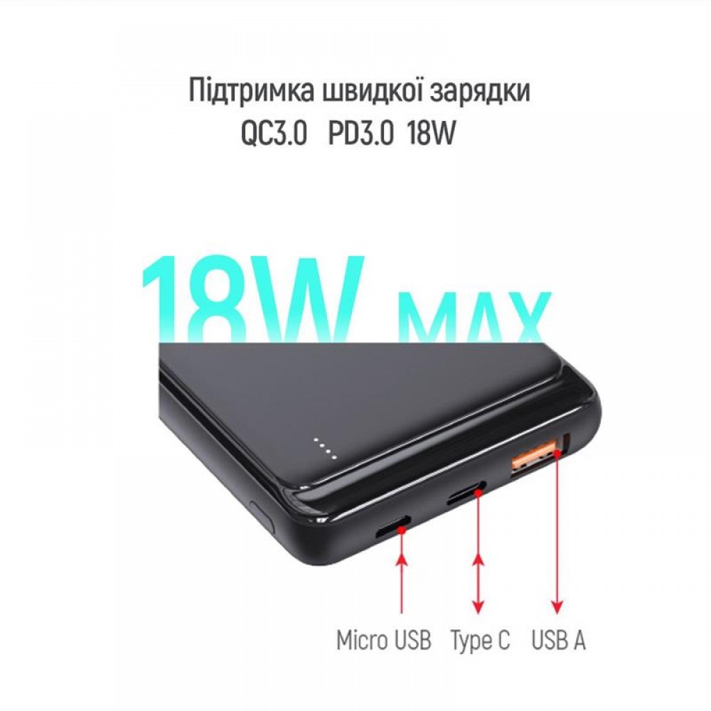 Power Bank ColorWay Slim PD 10000mAh Black (CW-PB100LPG3BK-PD)