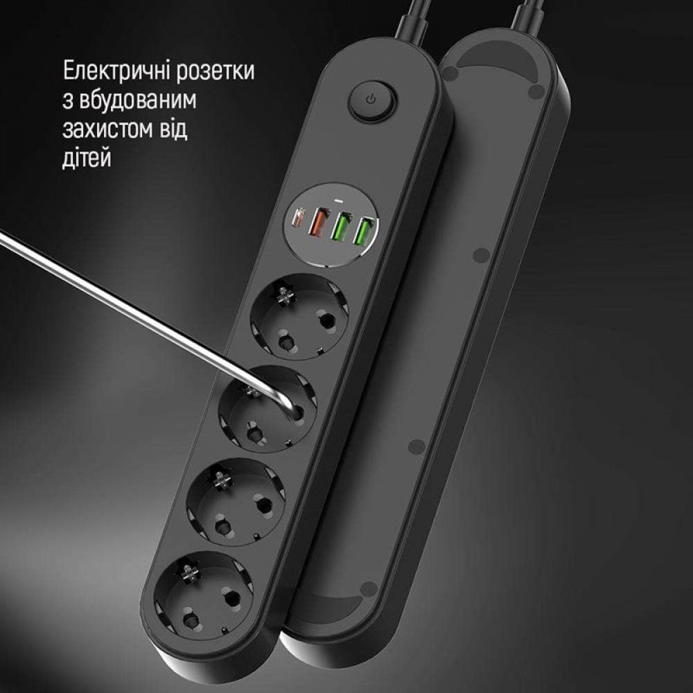 Фильтр питания ColorWay CW-CHE44PDB 4 розетки, 4USB (Type-C PD20W + 3USB QC3.0) (45W), 2м, Black