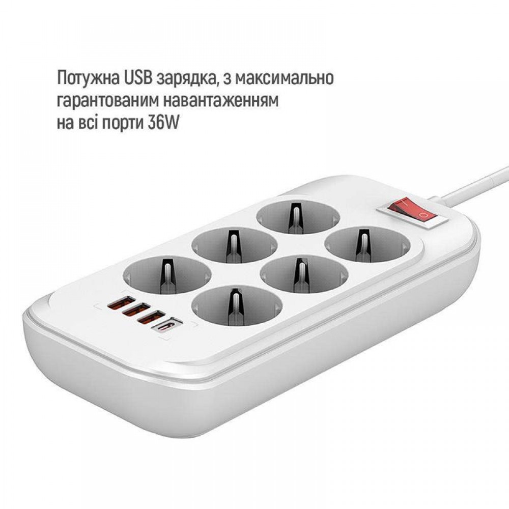 Фильтр питания ColorWay CW-CHE64PDW 6 розеток, 4USB (Type-C PD20W + 3USB QC3.0) (38W), 2м, White