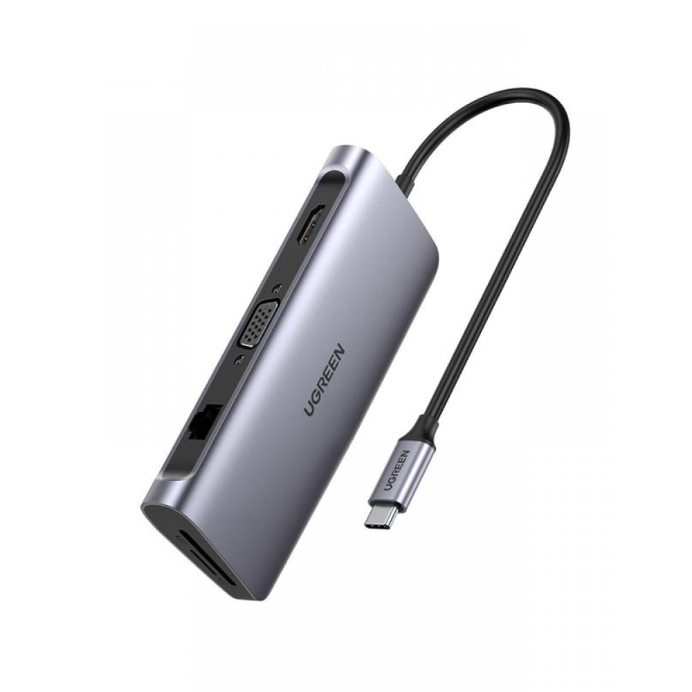 Концентратор USB Type-C Ugreen CM179 3xUSB 3.0 + HDMI + VGA + RJ45 1000M Ethernet + Cardreader, Gray (40873)