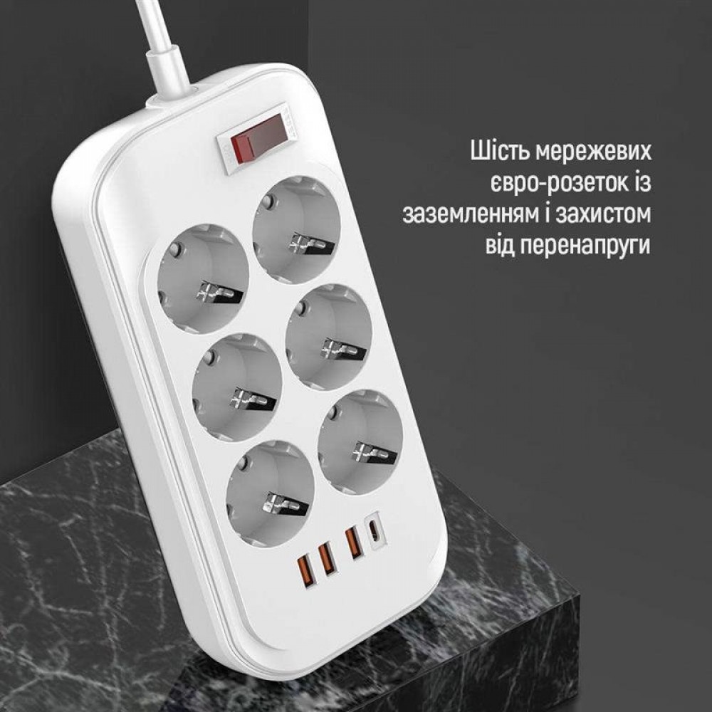 Фильтр питания ColorWay CW-CHE64PDW 6 розеток, 4USB (Type-C PD20W + 3USB QC3.0) (38W), 2м, White