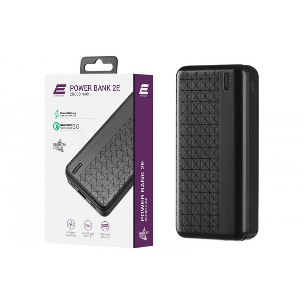 Универсальная мобильная батарея 2E Geometry PD+QC 3.0 20000mAh Black (2E-PB2072PD-BLACK)