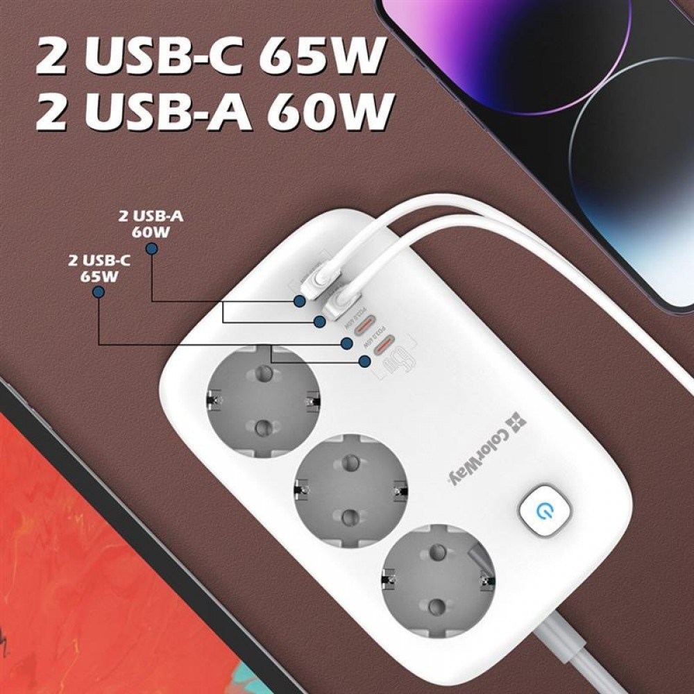 Фильтр питания ColorWay CW-CHE34PDW GaN3 Pro PD 65W (2USB-A+2 TYPE-C) 3 розетки, 4 USB, 2 м, белый