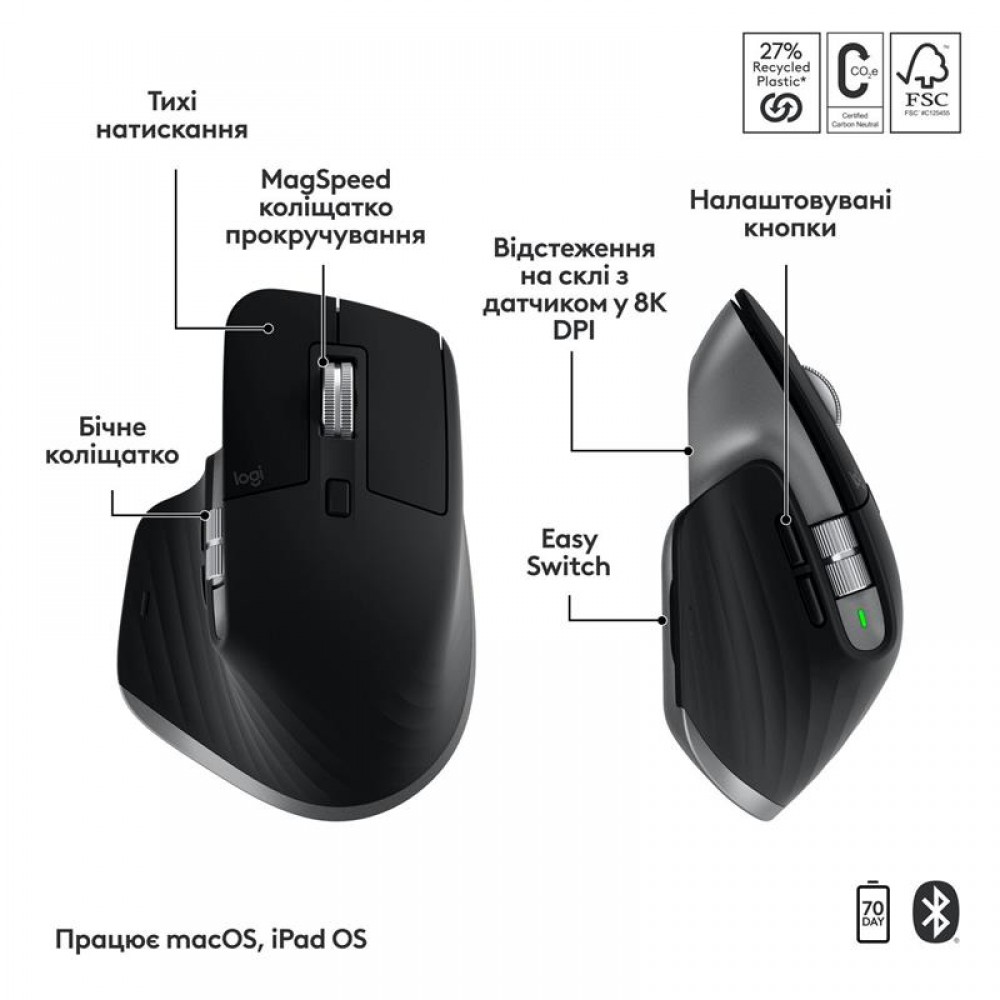 Комплект (клавиатура, мышь) беспроводной Logitech MX Keys Combo for Mac Space Grey (920-012845)