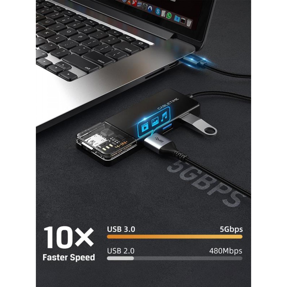 Концентратор Cabletime USB C/A – 4 Port USB 3.0, 5Gbps, 0.15 m (CB05B)