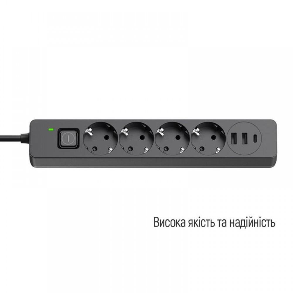 Фільтр живлення ColorWay CW-CHE432PDB 4 розетки, 3USB (2USB-A + 1 TYPE-C) (24W), 2м, Black