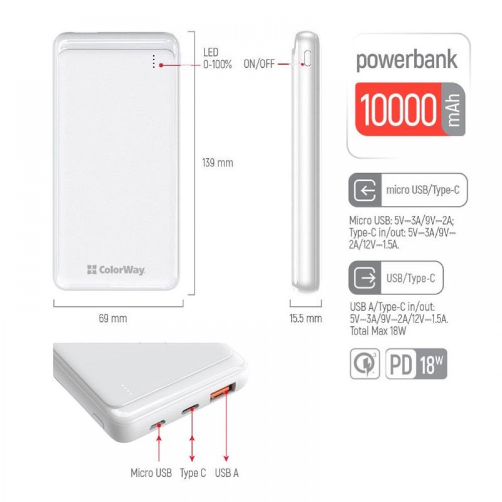 Power Bank ColorWay Slim PD 10000mAh White (CW-PB100LPG3WT-PD)