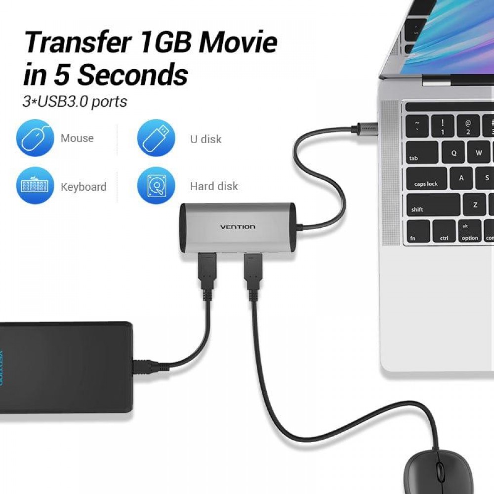 Концентратор Vention USB-C 3-Port, RJ-45, PD, 0.15 м (TGDHB)