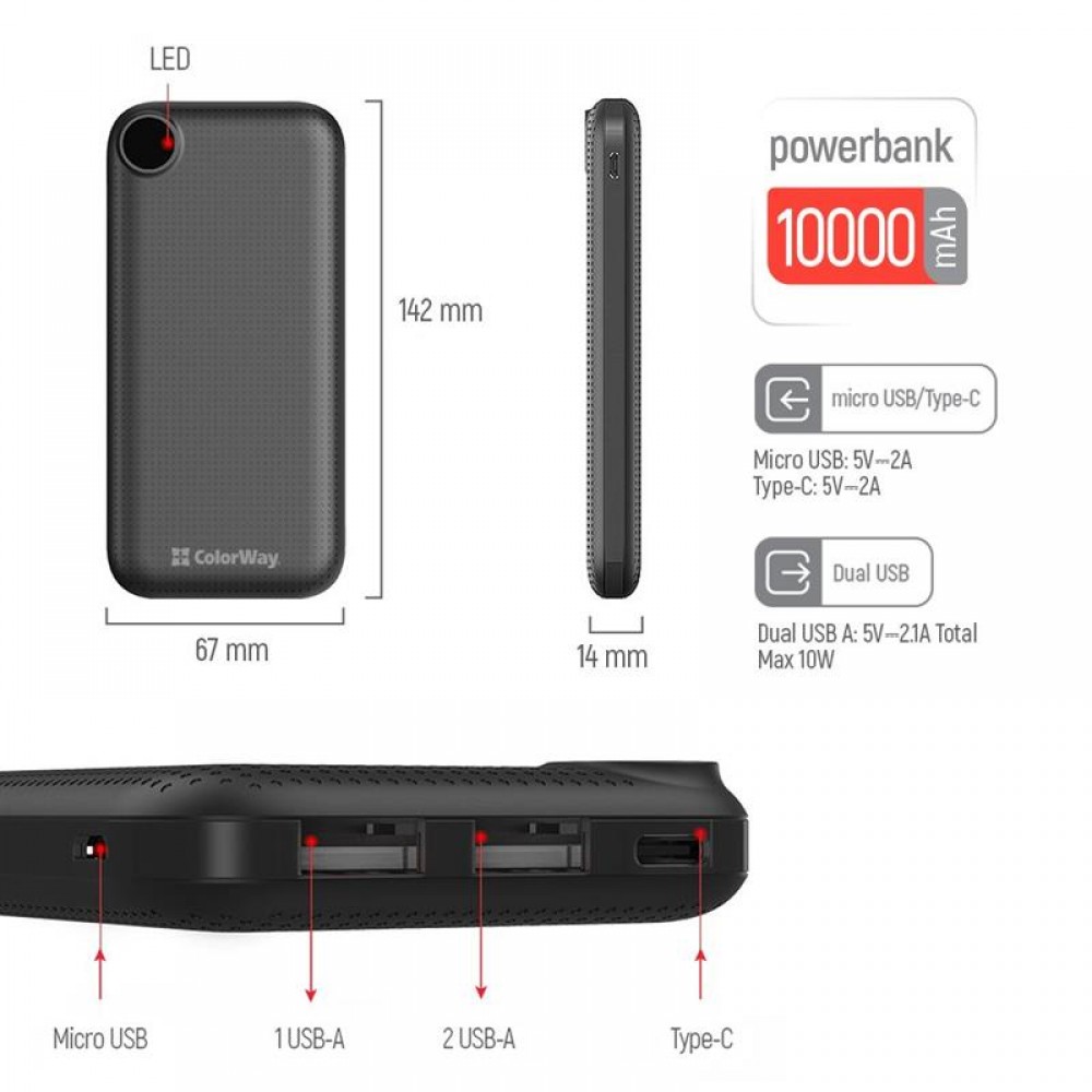 Power Bank ColorWay Slim, LCD 10000mAh Black (CW-PB100LPH2BK-D)