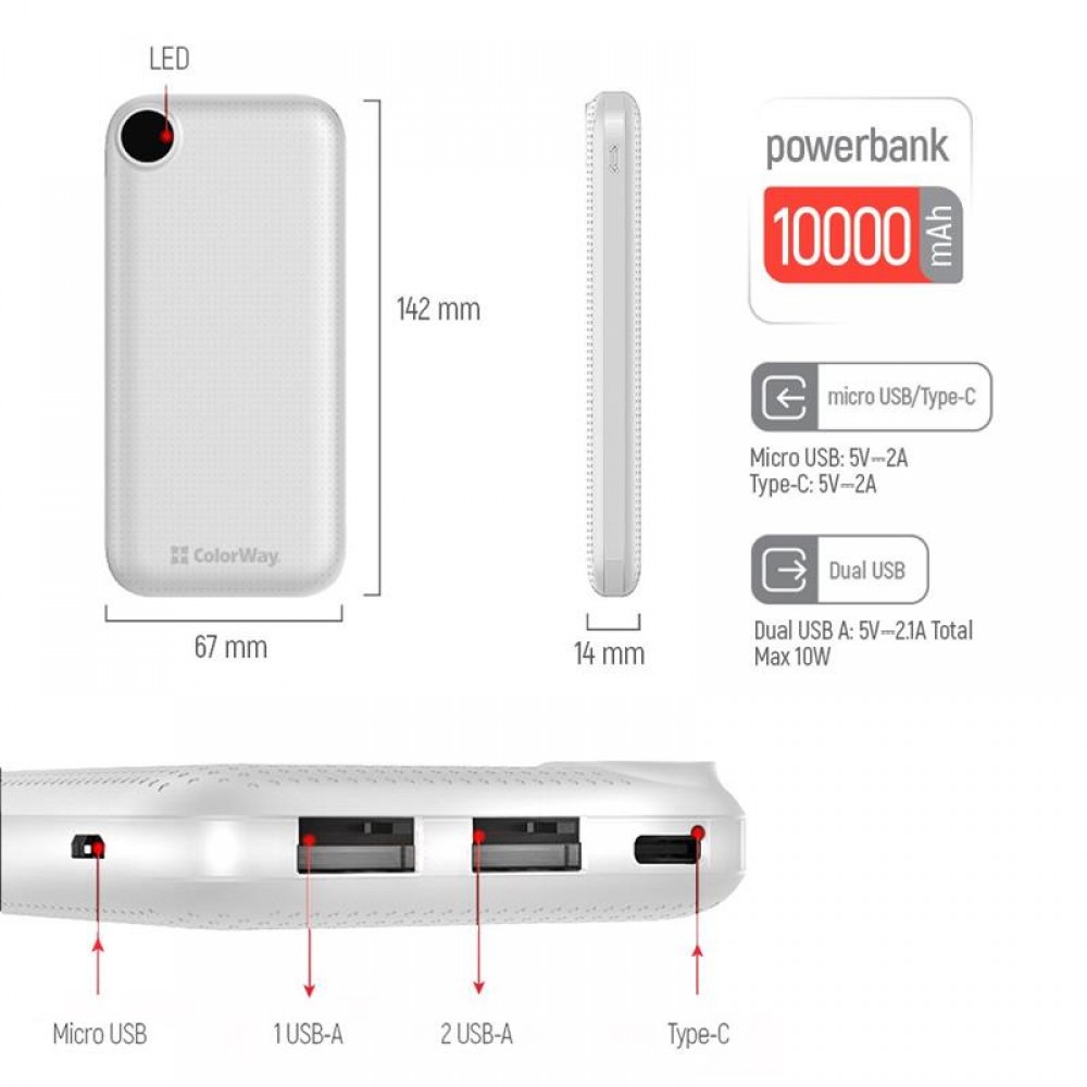 Power Bank ColorWay Slim, LCD 10000mAh White (CW-PB100LPH2WT-D)