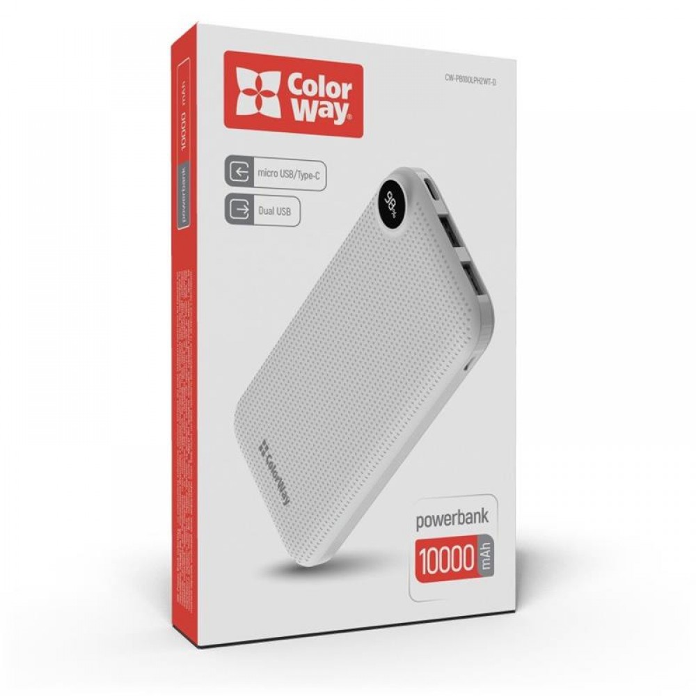 Power Bank ColorWay Slim, LCD 10000mAh White (CW-PB100LPH2WT-D)