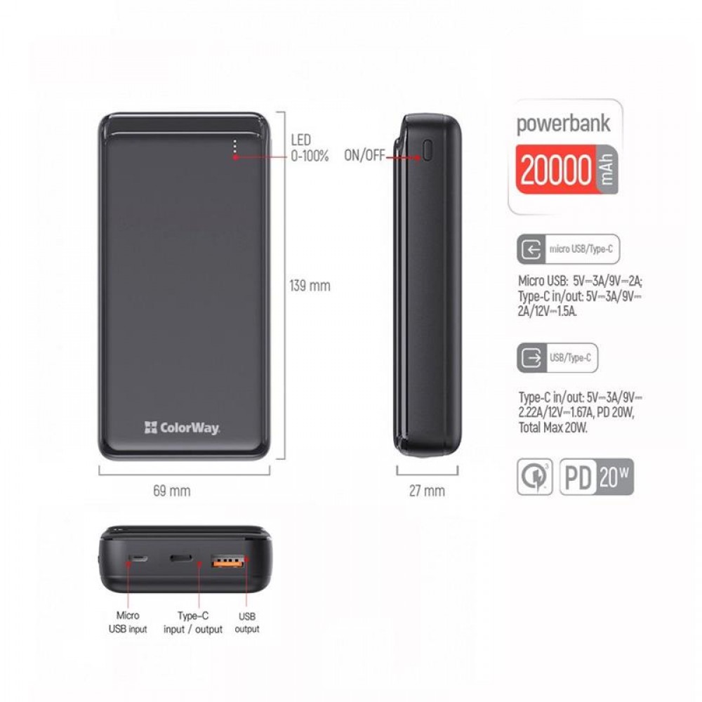 Power Bank ColorWay Slim 20000mAh Black (CW-PB200LPG3BK-PD)