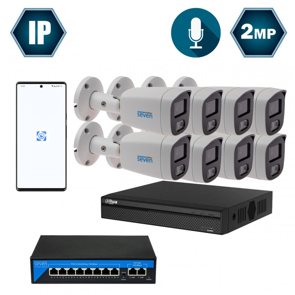 Комплект IP-видеонаблюдения Dahua на 8 цилиндрических 2 Мп IP-камер DH-IP1128OW-2MP