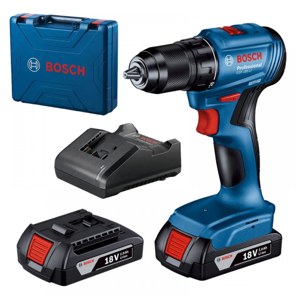 Акумуляторний безщітковий дриль-шурупокрут Bosch GSR 185-LI Professional із 2 акб GBA 18V 2.0Ah і з/п GAL 18V-20 у кейсі (06019K3000)