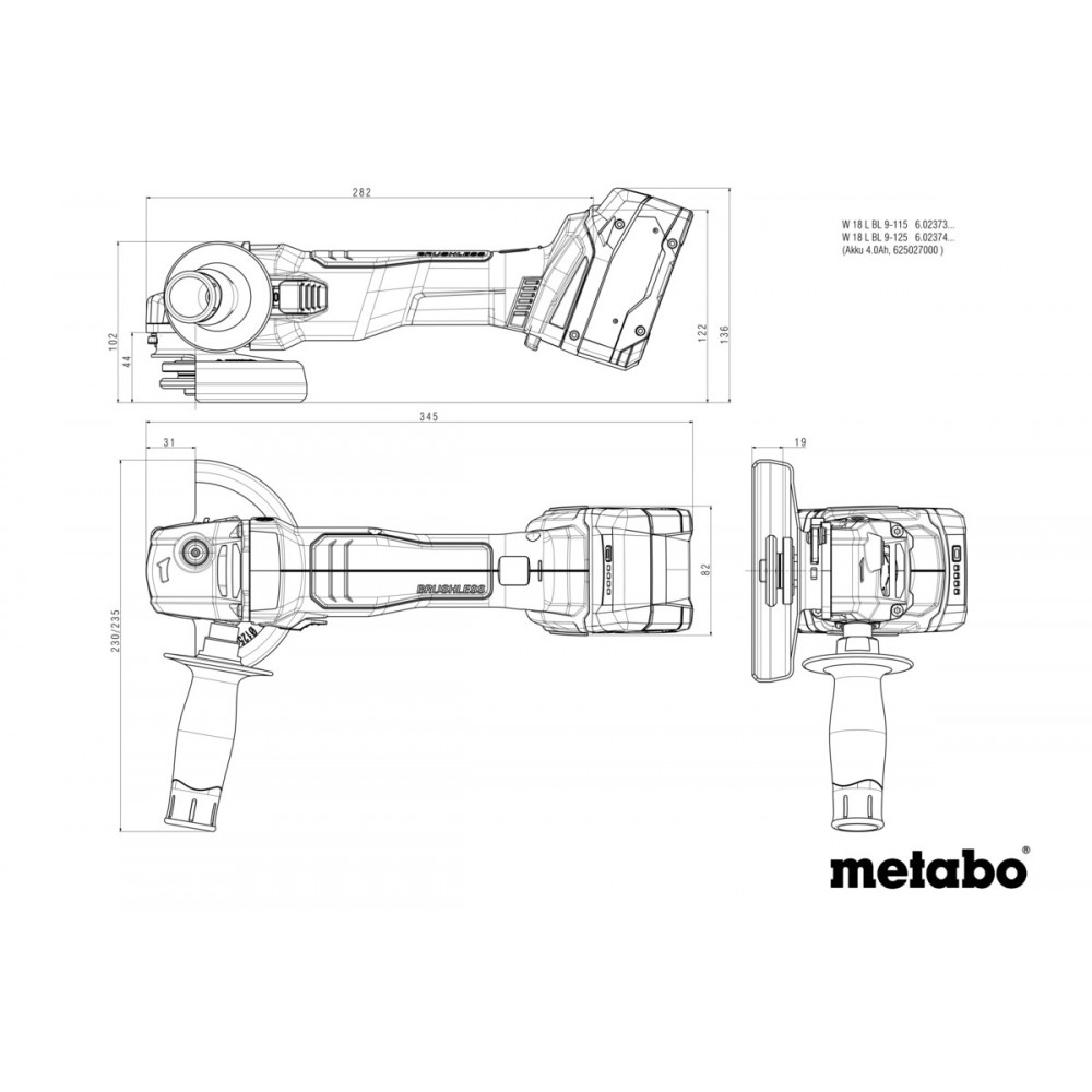 Аккумуляторная угловая шлифмашина Metabo Set W 18 L BL 9-125 (691225000)