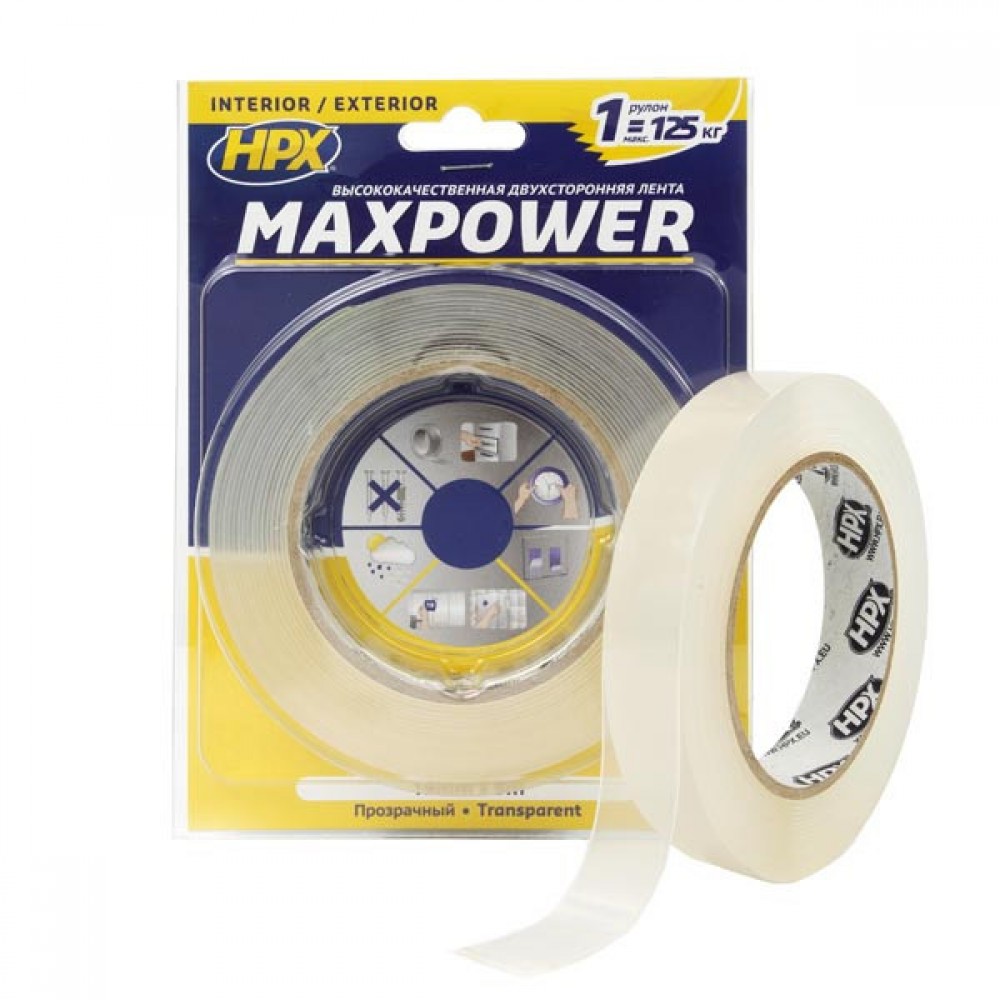 Двусторонняя лента (скотч) HPX MAXPOWER 19ммx5м для тяжелых нагрузок (HT1905)