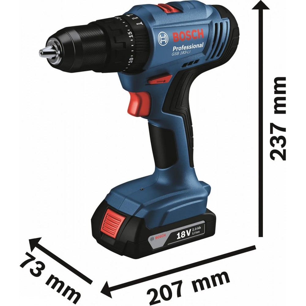 Аккумуляторный ударный дрель-шуруповерт Bosch Professional GSB 183-LI с 2 акб GBA 18V 2 Ah и з/п GAL 18V-20, в кейсе (06019K9100)