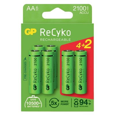 Аккумуляторы GP Recyko 2100 (GP210AAHCE4/2-2BNB6) AA/HR06 NI-MH 2050 mAh BL 6 шт